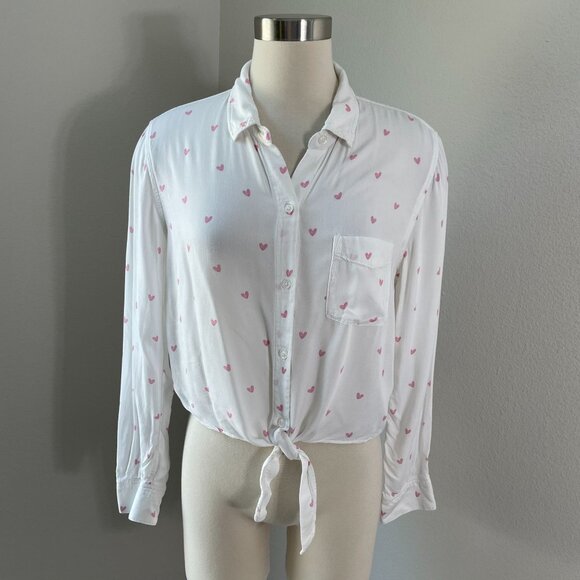 Rails Womens Medium Val Scribble Heart White Button Up Shirt Tie Front Blouse - Picture 1 of 13